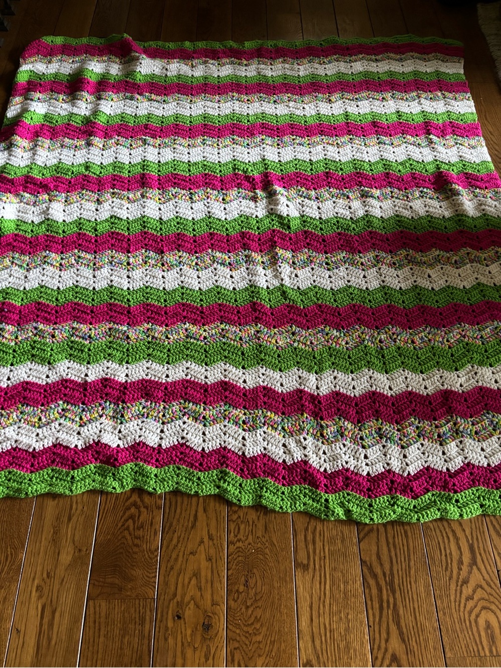 Crochet Chevron Throw Blanket - White, Pink & Green